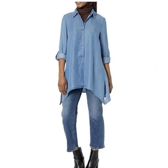 Zac & Rachel Women 2X Chambray Button Up Shirt Blue Tunic Roll Tab Sleeve Top - Picture 1 of 9